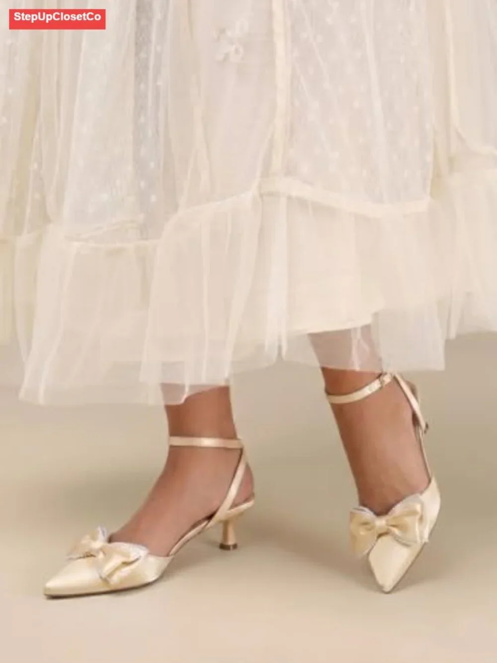 Women's Satin Kitten Heels Bow Pearl Closed Toe Pointed Pumps Wedding Shoes